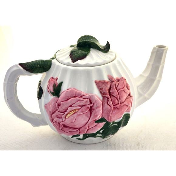Teapot-Pacific Rim-White-Pink Roses-Green Leaves-Embossed-Holds 4 Cups - Picture 9 of 14